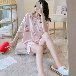Kawaii Summer 2Pcs Stitch Woman Pajamas Kawaii Anime Sanrio Cartoon Short Sleeve Loose Casual Pajamas Girl Short Sleeve Homewear
