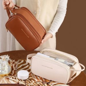 KINTHAZER Double Zipper PU Leather Cosmetic Bag Waterproof Multifunction Makeup Pouch Bag Ins Toiletries Organizer Travel Wash Bag Travel