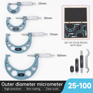 4 PCS Set 0-25mm-50mm-75mm-100mm Outside Micrometer Set with Standards Ratchet Stop 0-100mm Range 0.01mm Graduation