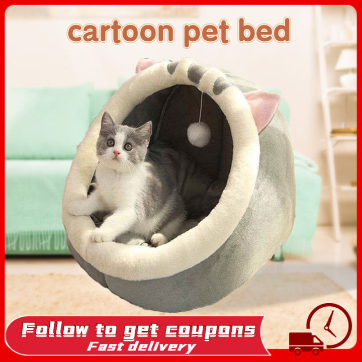 Cartoon Pet Bed Indoor Cute Semi closed Cat Bed Washable Cave Puppy House with Toy Ball Warm Soft Removable Cat House Pet Nest dog bed Lazada