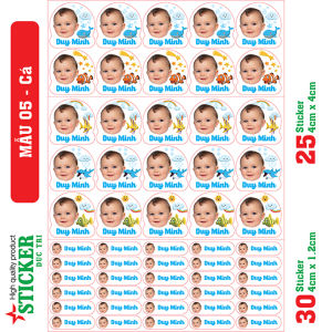 60 Sticker in Tên và ảnh Bé theo yêu cầu. Decal nhựa chống nước dùng dán bình sữa thìa bát ăn dặm