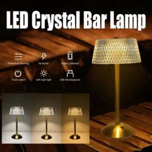 GOLDVAULT USB Rechargeable Led Touch Table Lamp 3 Color Dimmable Dimmable Crystal Night Light Touch Control Desk Light