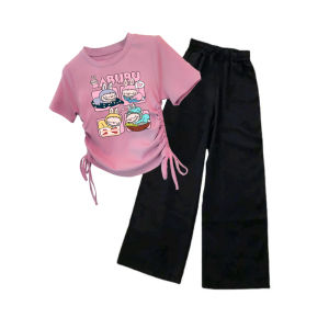 Setelan Kaos serut Crop Top Kulot Anak Perempuan Kekinian Motif Labubu
