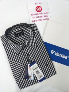 [Việt Tiến Sale] Sơ Mi Ngắn Tay - Regular (Suông) - Vạt Bầu - Kẻ ô đen trên nền trắng