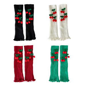 Womens Christmas Ribbed Knitted Leg Warmers Footless Socks Festival Cute Cherry Bowknot Ruffled Leg Covers Boot Socks