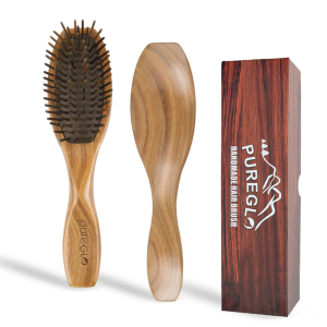 PureGLO Natural Wooden Hair Brush With Gift Box Anti-static Green Sandalwood Handmade Massage Hairbrush For Women And Men