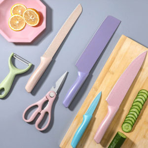 Kitchen Knife Set 6 PCS Pastel Colors Stainless Steel Chef Knife Bread Knife Cleaver Scissors
