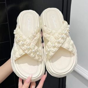 [Free Shipping] 2025 New Platform Thick-Soled Dissolvable Shoes Beach Sandals Ins Pearl Slippers For Women For Outdoor Wear