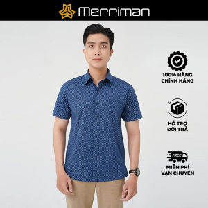 MERRIMAN SALE - Áo Sơ Mi MERRIMAN Tay Ngắn Màu Xanh Navy Họa Tiết Chấm Form Slim Fit Lai Ngang