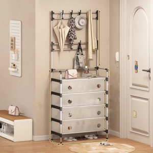 Space-Saving Multi-Layer Shoe Rack with Hat and Coat Hooks Dustproof Organizer in Black/White