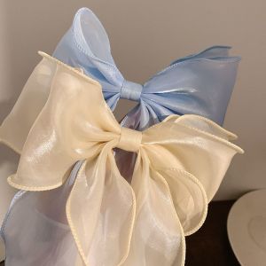 2Pcs Sweet Chiffon Bow Hair Clips Girls Blue Shining Satin Bowknot Hair Clips Ribbon Bow Barrette Hairpin Grip Ponytail Clip Headwear
