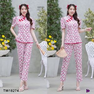 TW18274 Set 2 ชิ้น เสื้อกี่เพ้าลายกุหลาบ + กางขายาว ..