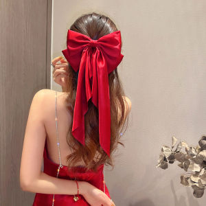 [AYLMER] Elegant Red Streamer Large Bow Ribbon Hair Clip For Women Fashion Simple Solid Satin Ponytail Bow Hairpin Girls Hair Accessories