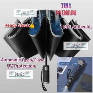 7IN1 Big Automatic Folded 12Bones Umbrella Inverted Reverse UV Protection Reflective Large Travel Foldable UV Protection Sunscreen Umbrella Reflective Umbrella LED Falshlight Surface Paraguas Rain Parasol Windproof Payung Lipat Hujan Besar 大号防紫外线反向自动折疊雨伞