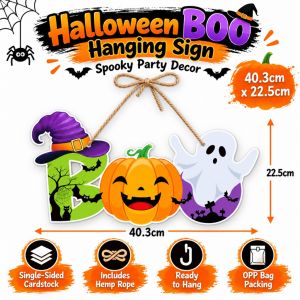40.3x22.5cm Halloween BOO Hanging Sign Pumpkin Ghost Door Decor Wall Window Party Decoration