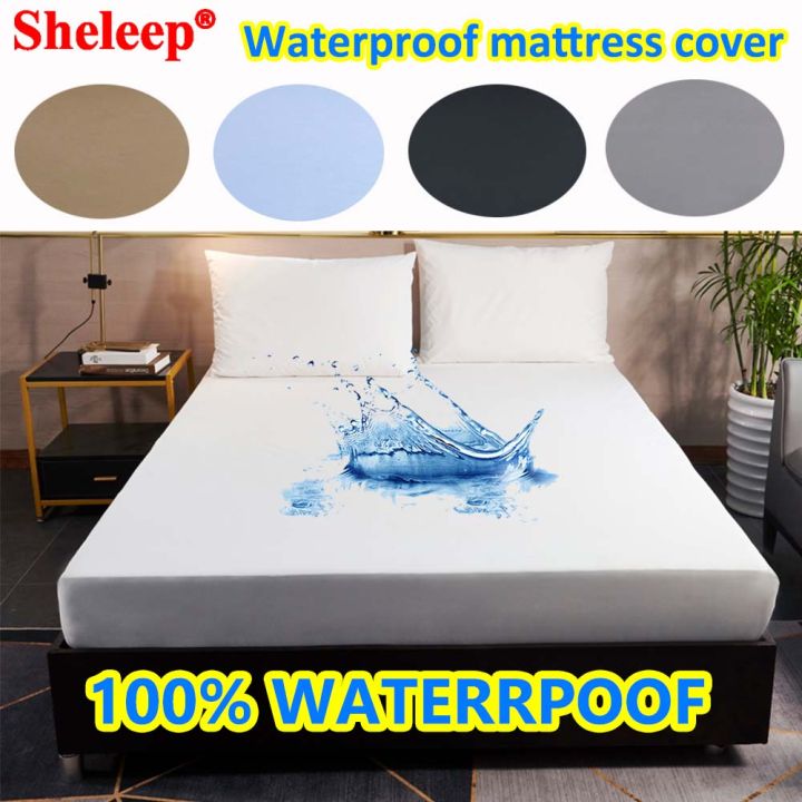 Waterproof Mattress Cover Solid Color Single Full Queen King Size Mattress  Protector Fitted Sheet Style Bed Topper Elastic Band Bedspread