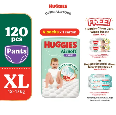 HUGGIES AirSoft Pants Diapers M46 / L36 / XL30 / XXL24 (4 packs) - Breathable and soft premium diapers for baby