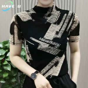 HAVE U Semi-high Collar T-shirt for Women New Style Print Short Sleeve Mesh T-shirt