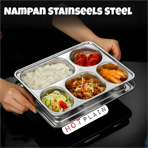 Piring makan stainless sekat 5 + tutup stainless TEBAL - lunch box sekat 5 - food tray stainless - mestray sekat 5 stainless steel FOLDHAND