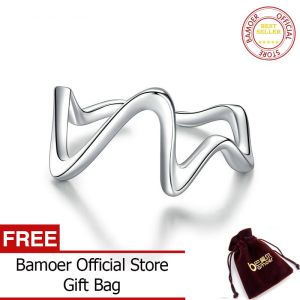 BAMOER Ring 925 Sterling Silver Engraved Simple Waves Open Adjustable Finger Rings for Women Oxidized silver Jewelry SCR673