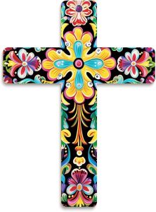 Floral Cross Wall Decor Painted Decorative Wooden Inspirational Cross Spanish Style Wall Cross Decor Mexican Art Wall Decor Crucifix for Home Room Church Decoration (Orange Flower)