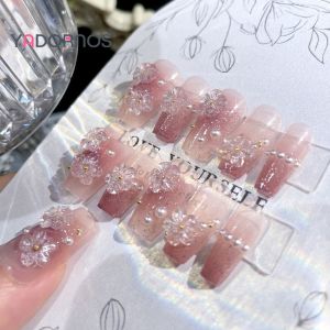 YADORNOS Set Kuku Buatan Tangan 24Pcs - Motif Bunga & Glitter - Warna Peach Elegan - Dapat Dilepas