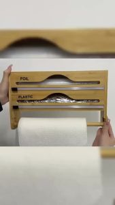 Eco-Friendly Bamboo 3-in-1 Wrap Organizer with Slide Cutter Holder for Aluminum Foil Plastic Wrap and Wax Paper