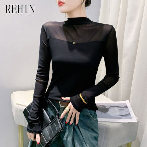 REHIN เสื้อยืดพิมพ์ลายสำหรับผู้หญิงเสื้อตาข่ายติดโบว์สำหรับฤดูใบไม้ร่วง/ฤดูหนาว