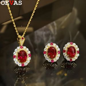 OEVAS 6*8mm Oval Cut Zircon Halo Earrings Necklace Set For Woman S925 Silver 18K Gold Wedding Party Fine Jewelry Set