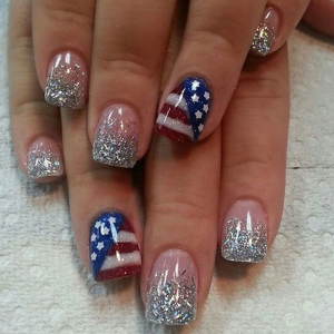 July 4th Press On Nail Square American Flag Designs False Nail Glitters French Full Cover Stick on Nail Manicure 24Pcs