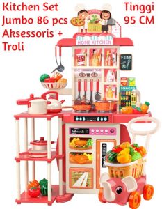 Mainan Kitchen Set Jumbo Lengkap Troli ada Wastafel Cuci Piring Bisa Keluar Air dan Embun Uap Saat Masak Tinggi 95 CM Lengkap 86 Aksessoris termasuk 13 Buah Sayur Potong Potong dan 1 Rak  /  Mainan Masak Masak / Mainan Dapur Masak Tinggi mencapai 95cm