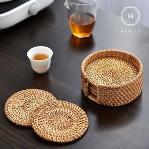 Homlly Natural eco-friendly Hand Made Rattan Coaster Setwith Coaster Box (6pcs)