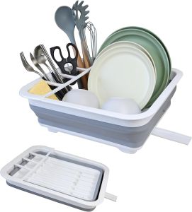 Collapsible Dish Drainer with Drain Plug and Swivel Spout Space-Saving Portable Dish Rack for Kitchens RVs Campers and Travel Trailers
