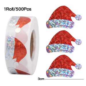 YESPERY 2 Roll Christmas Stickers Shiny Laser Santa Hat Xmas Tree Self-Adhesive Label Decal for Gift Wrapping Envelope Seals DIY Christmas Decoration