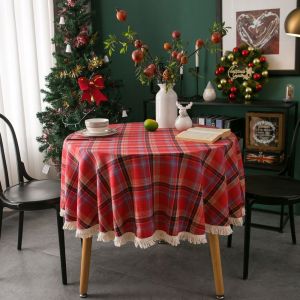 HJKL Cotton Christmas Plaid Tablecloth Round Tassels Table Cloth Soft Colourful Table Cover Christmas Decoration