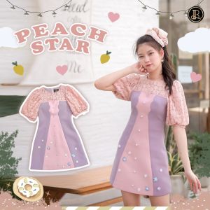 BLT BRAND การันตีเสื้อผ้าแบรนด์แท้ มินิเดรสสีทรูโทนม่วงกับชมพู แขนลูกไม้ PEACH STAR