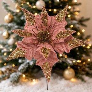 OKKFINE Sequin Material Christmas Tree Decorations Silk Fabric 28CM Table Flower Decoration Festive Artificial Design Fake Flower Ornaments Christmas Season