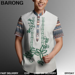 2025 new Mens Barong Shirt 3D Sublimation Black Baroque Floral Pattern with Ethnic Sleeve Design Casual Button Down Top for Daily Wear and Plus Size
