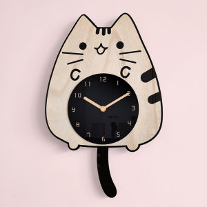 Nordic Cartoon Cat Swing Wall Clock Creative Wooden Silent Clock Simple Modern Home Childrens room Living room Mute Decoration 28x45.5cm