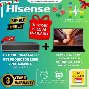 (Hisense PT1 Home Cinema Bundle) Get the Hisense PT1 Ultra Short Throw Laser Projector + 100" Motorised Floor Rising Screen In One Exclusive Package Deal. Create Your Very Own Big-Screen Experience — Limited Stocks Available!