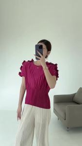 92548 Miyake Summer Beaded Round Neck Short Sleeve Top With Ruched 3D Embroidery Loose Waist T-Shirt One Size (45-75kg)