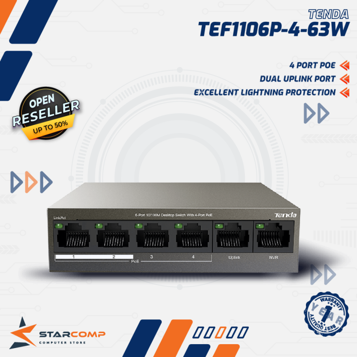 Tenda TEF1106P-4-63W 10/100M Switch 6 Port Desktop with 4 Port PoE TEF 1106P