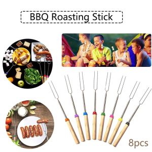 Telescoping BBQ Marshmallow Roasting Stick Skewers Camping Cookware Stainless Steel Extend Roaster Fork Camping Reusable Stainless Steel BBQ Skewers Wood Handle BBQ Tool Needles
