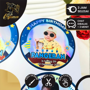 9-15 Arjuna Sticker Ulang Tahun Anak Hologram Anti Air Label Undangan Happy Birthday Uk. Besar