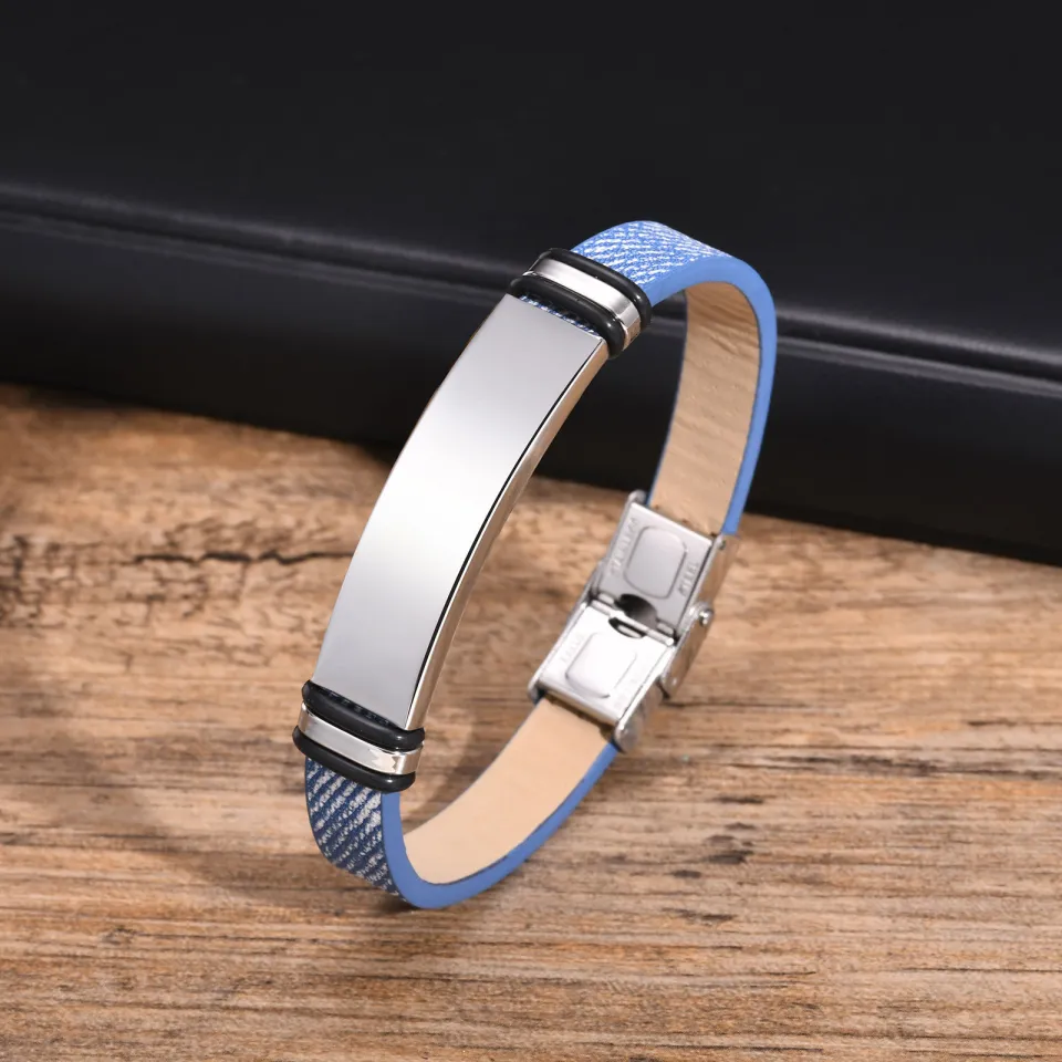 Kemstone Bracelets Men's Stainless Steel Bent Blue PU Leather Bracelets  Bangle Jewelry