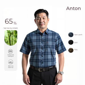 Áo Sơ Mi Nam Công Sở Trung Niên Anton Somianton Xanh Đậm Ngắn Tay Họa Tiết Caro Sợi Tre Thấm Hút Mồ Hôi - ZNC130