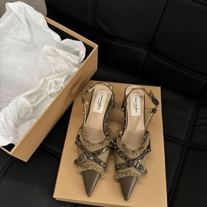 Block Heel Design Sense High Heels Black Temperament Toe Sandals Fairy Shoes Spring and Summer Womens French Slippers Single Shoes