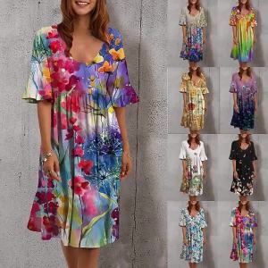 2023 New Four Seasons Hot Push Europe and America Cross Border Foreign Trade Womens Clothing round Neck Shirt with Half Sleeve Dress Multicolor Printed Skirt ㏇L0514