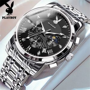 【Buy one get one free】PLAYBOY watch for men waterproof 2025 super hot selling mens quartz watch calendar luminous multi function dial tainless steel Men Sports Watches