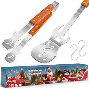 Guitar Gifts for Men - 2 Pcs Barbecue Tool Sets with Metal Spatula and Tongs Unique Gifts for Grill and Music Lovers Large Heavy Duty BBQ Set